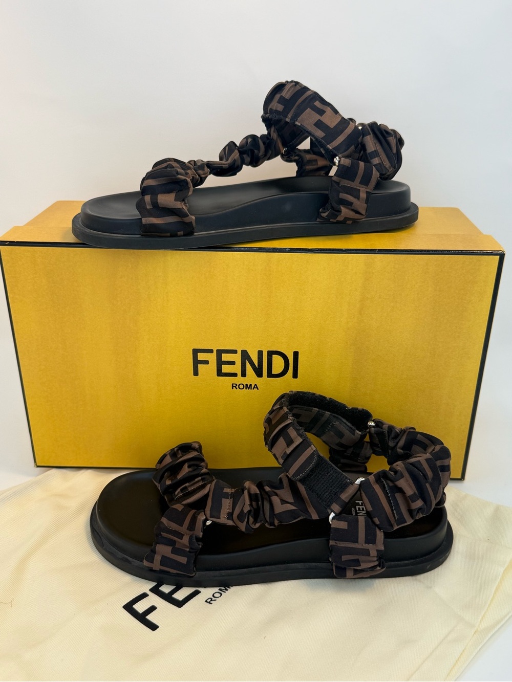 Fendi Brown & Black FF Logo Scrunch Strap Sandals